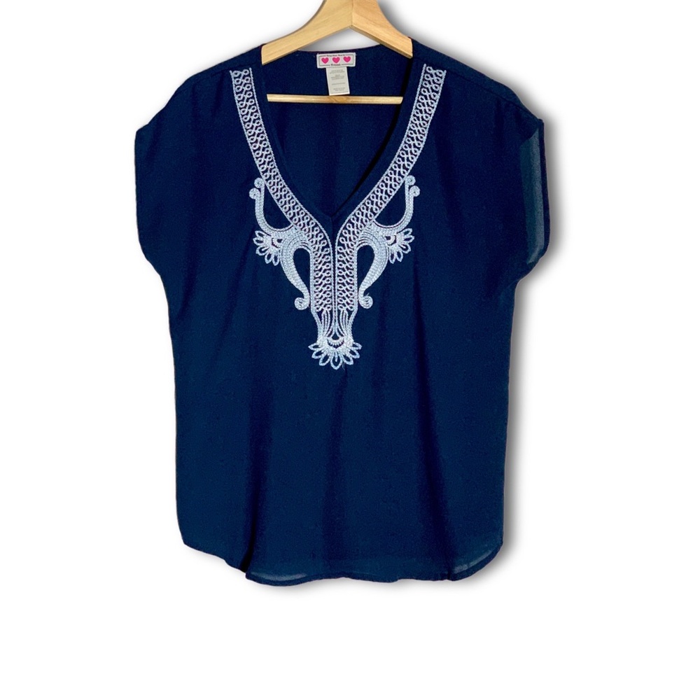 THREE PINK HEARTS Trixxi Navy/White Embroidered V-Neck Blouse